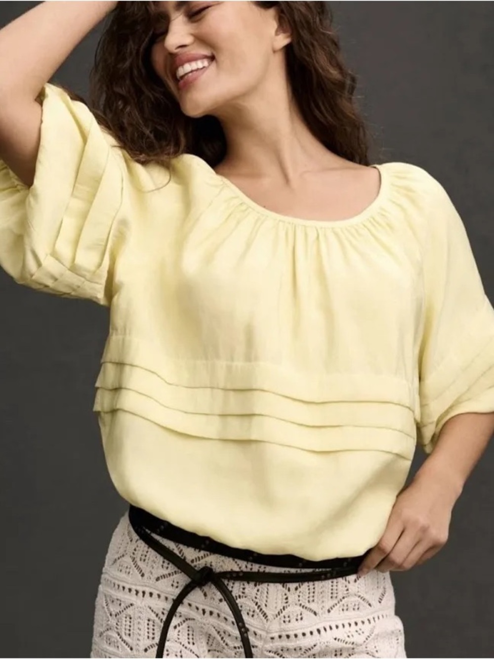 Maeve by Anthropologie Pale Yellow Puff-Sleeve Peasant Blouse